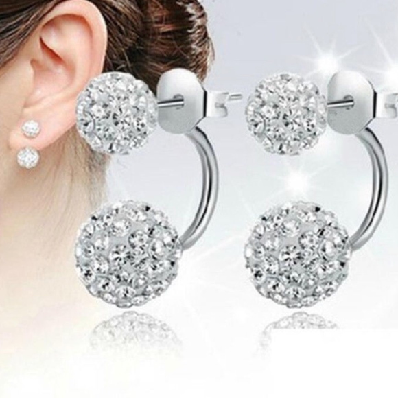 Silver Double Beaded Rhinestone Stud Earrings - Picture 4 of 6